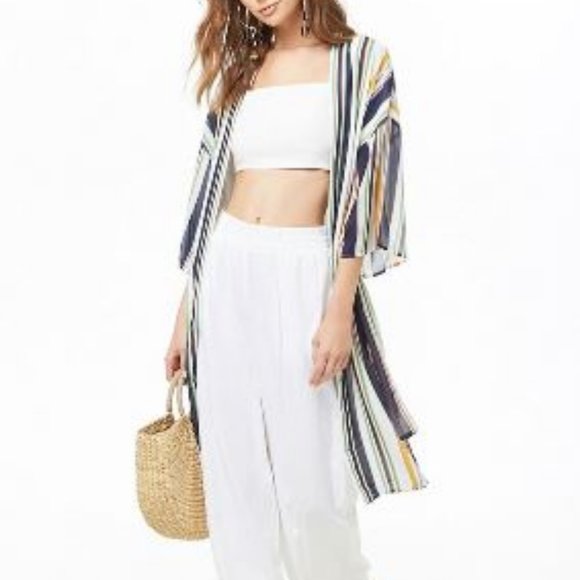 Multicolor Striped Chiffon Kimono Cover Up Size S Forever 21 - Picture 2 of 10